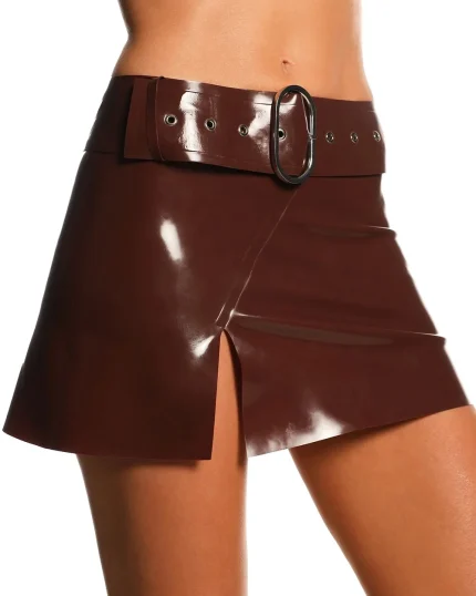 Latex High Waist Slit Belted Skirt