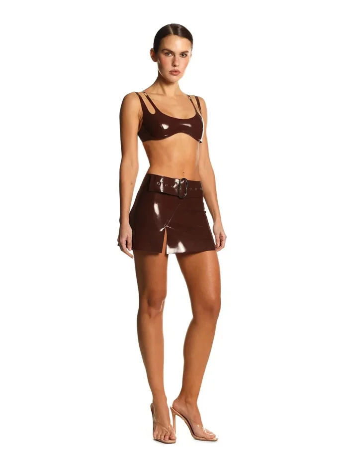 Latex High Waist Slit Belted Skirt