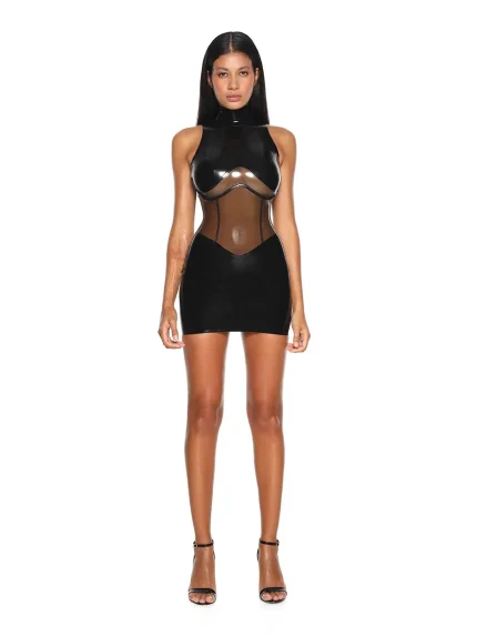 Latex Sheer Spliced Back Zip Curve Mini Dress