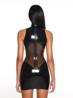 Latex Sheer Spliced Back Zip Curve Mini Dress