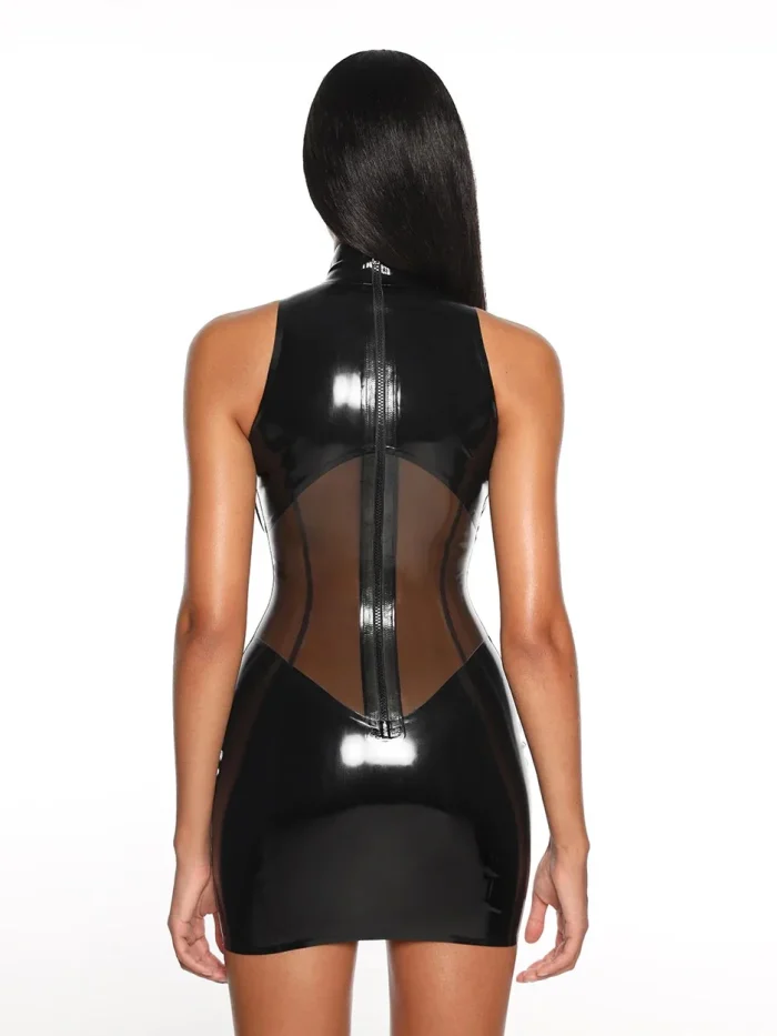 Latex Sheer Spliced Back Zip Curve Mini Dress