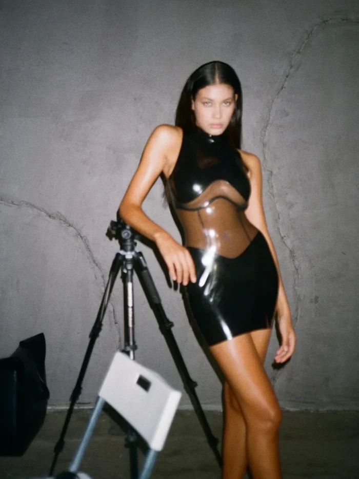 Latex Sheer Spliced Back Zip Curve Mini Dress