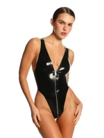 Latex All-Over Zipper V Neck Thong Bodysuit