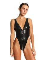 Latex All-Over Zipper V Neck Thong Bodysuit
