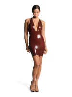 Latex Halter Deep V Mini Dress