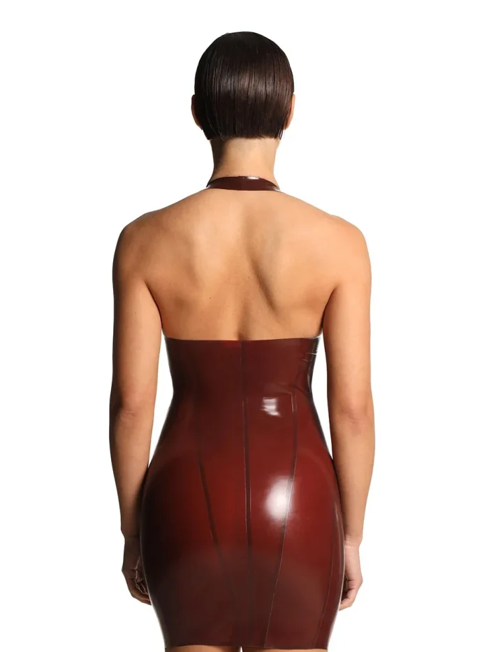 Latex Halter Deep V Mini Dress