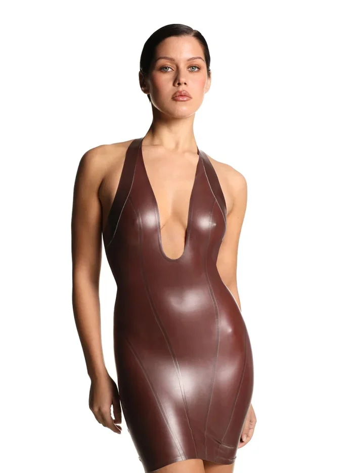 Latex Halter Deep V Mini Dress