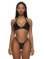 Latex Halter Triangle Bra With Rhinestone Decor