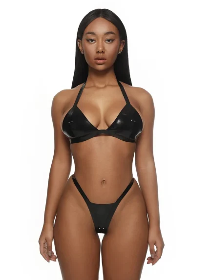Latex Halter Triangle Bra With Rhinestone Decor