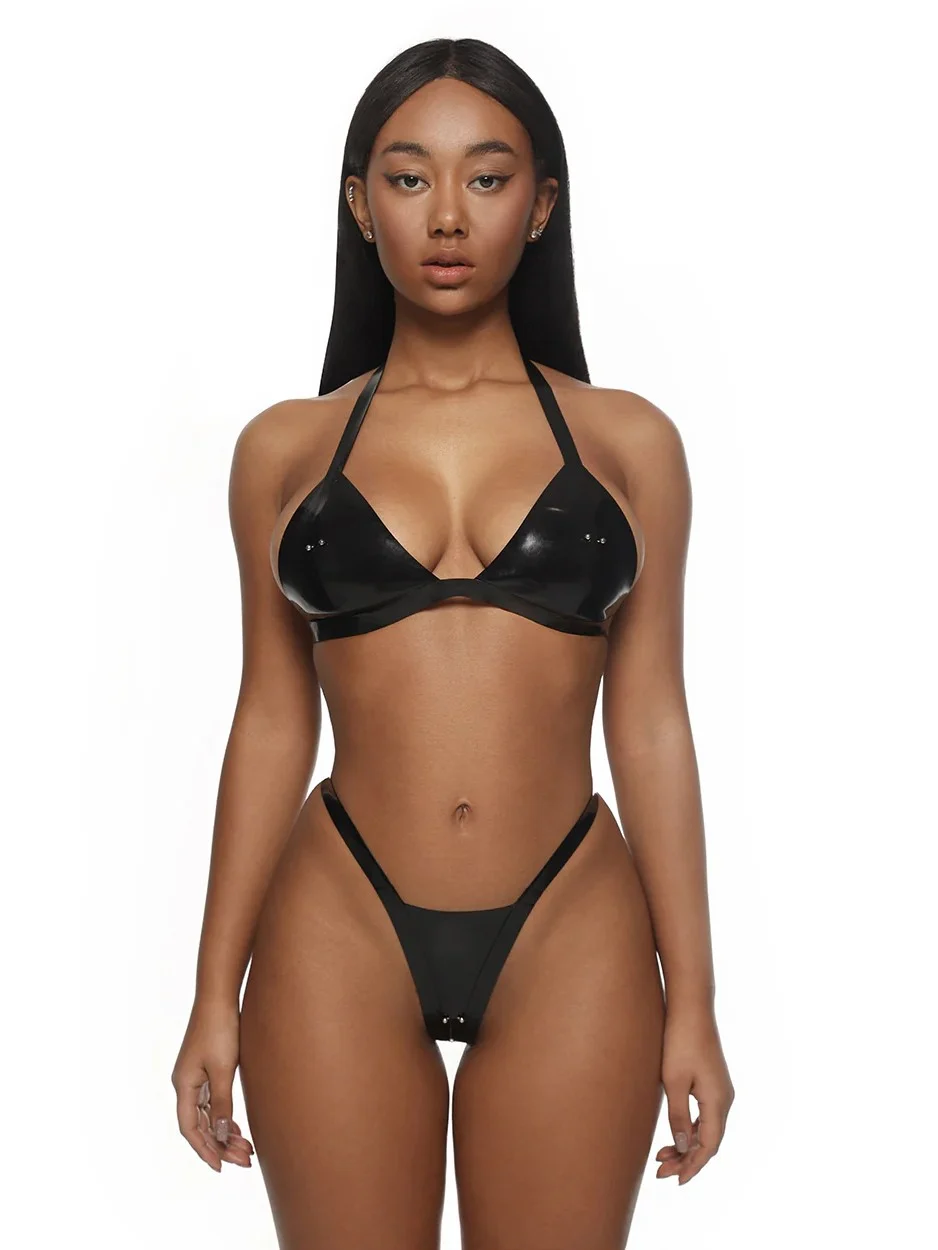Latex Halter Triangle Bra With Rhinestone Decor Latex Halter Triangle Bra With Rhinestone Decor