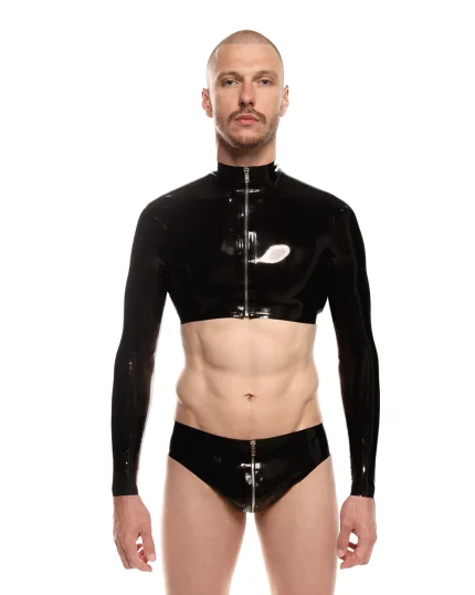 Latex Zipper Long Sleeve Crop Top