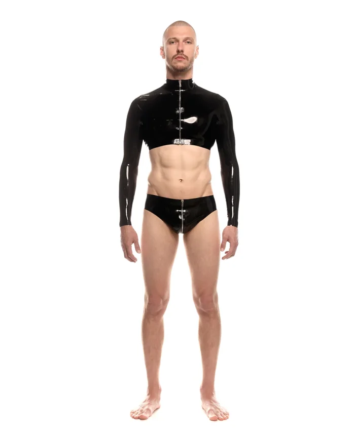 Latex Zipper Long Sleeve Crop Top