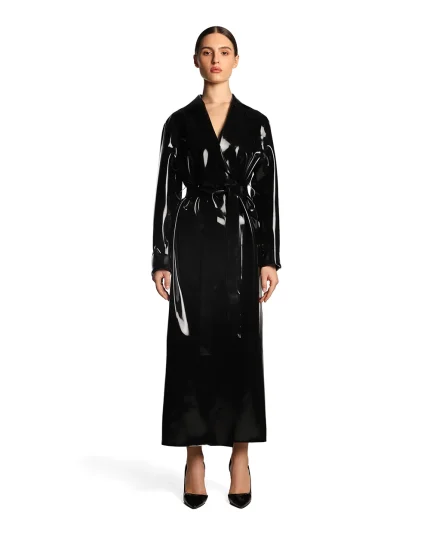 Latex Lapel Wrap Long Coat